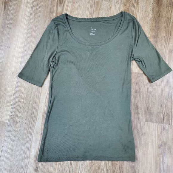 🩵A New Day Olive Green Scoop Neck Short Sleeve Top Small - Picture 1 of 6